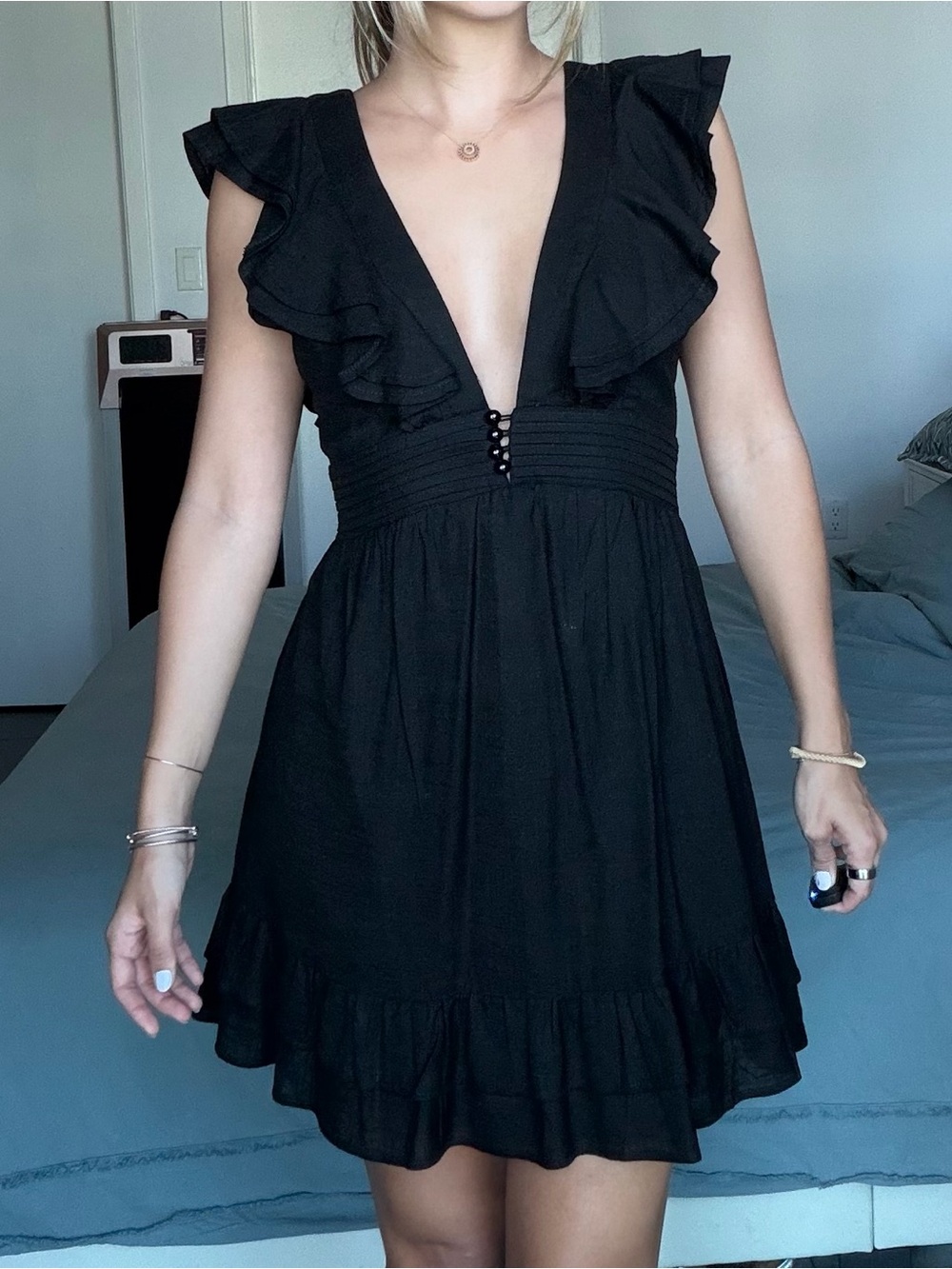 Deep V Linen Ruffle Mini Dress in Black